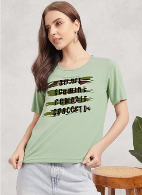 MACK JONNEY Printed Women Round Neck Light Green T-Shirt