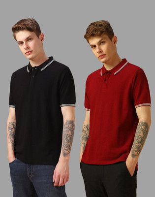 TIGERSNAKE Solid Men Polo Neck Black, Maroon T-Shirt