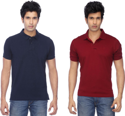 KETEX Solid Men Polo Neck Maroon, Blue T-Shirt