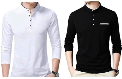 Saurabh online store Solid Men Mandarin Collar White, Black T-Shirt