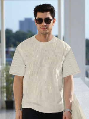 Jump Cuts Self Design Men Round Neck White T-Shirt