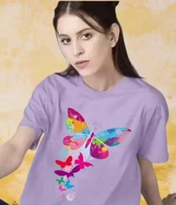 CC CLASSY COVE Printed Women Round Neck Purple T-Shirt