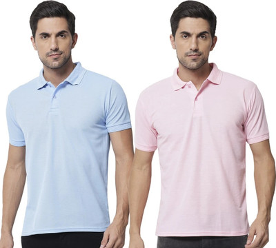 ACENTEO Solid Men Polo Neck Light Blue, Pink T-Shirt