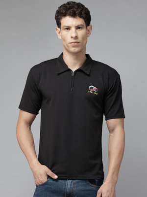 Majexic Self Design Men Polo Neck Black T-Shirt