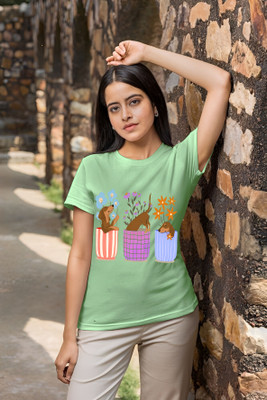 Parona Cartoon Women Round Neck Green T-Shirt