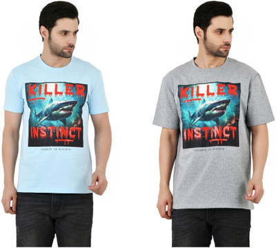 Sageware Printed Men Round Neck Blue, Grey T-Shirt