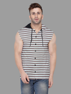 GEUM Striped Men Hooded Neck Brown, White T-Shirt