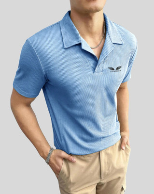 EyeBogler Self Design Men Polo Neck Light Blue T-Shirt
