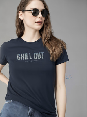 MACK JONNEY Printed Women Round Neck Navy Blue T-Shirt