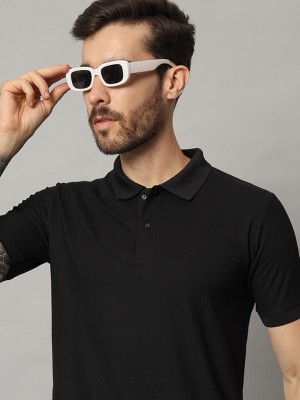 Aaustria Solid Men Polo Neck Black T-Shirt