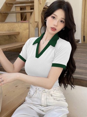 Liza Fashion Striped Women Polo Neck White T-Shirt