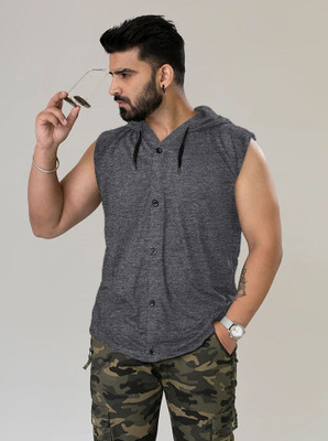 GEUM Solid Men Hooded Neck Grey T-Shirt