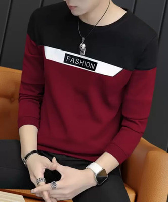 Autna Colorblock Men Round Neck Maroon T-Shirt