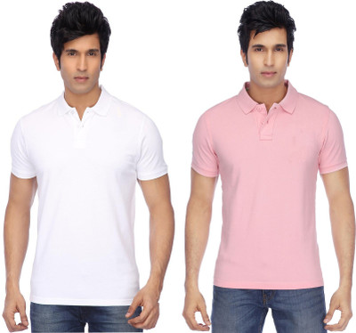 KETEX Solid Men Polo Neck White, Pink T-Shirt