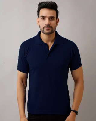 INKKR Solid Men Polo Neck Dark Blue T-Shirt