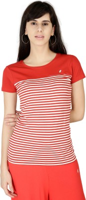 Feathersoft Striped Women Round Neck Maroon T-Shirt