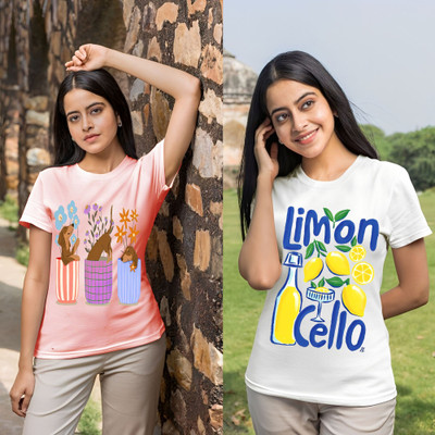 Lecowar Printed Women Round Neck Pink, White T-Shirt