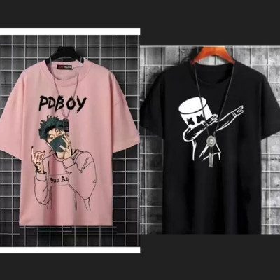 Printed Men Pink, Black T-Shirt