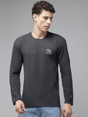 MUUNKEY Self Design Men Round Neck Grey T-Shirt