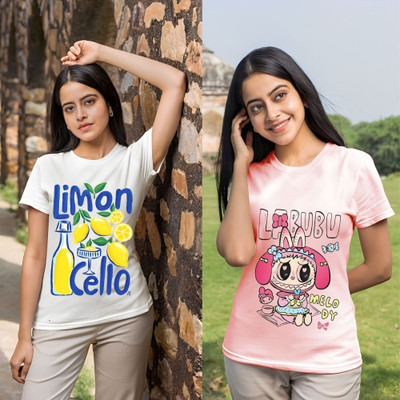 Lecowar Printed Women Round Neck White, Pink T-Shirt