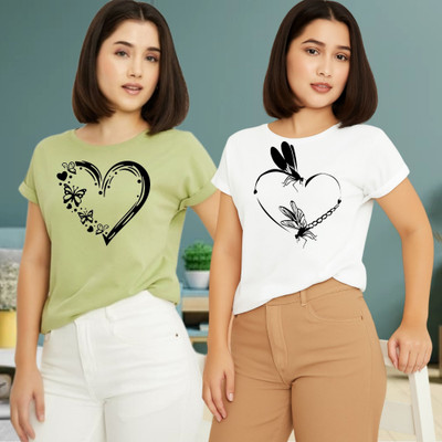 Kintu Parantu Graphic Print Women Round Neck Green, White T-Shirt