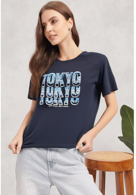 MACK JONNEY Printed Women Round Neck Navy Blue T-Shirt