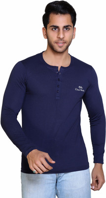 Classic Martino Self Design Men Henley Neck Navy Blue T-Shirt