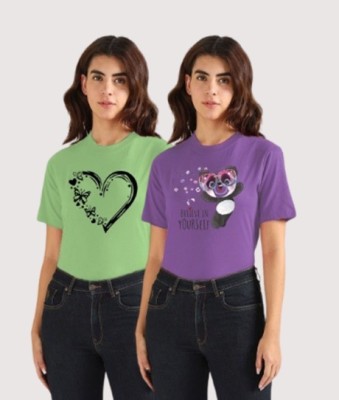 Lecowar Printed Women Round Neck Green, Purple T-Shirt