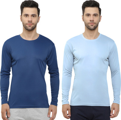 HouseOfCommon Solid Men Round Neck Dark Blue, Light Blue T-Shirt