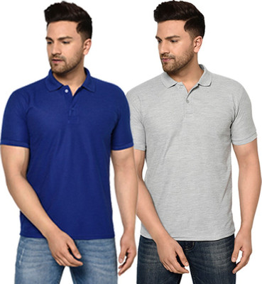 ACENTEO Solid Men Polo Neck Blue, Grey T-Shirt