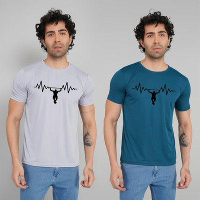 FABVIO PLUS Printed Men Round Neck Blue, Grey T-Shirt