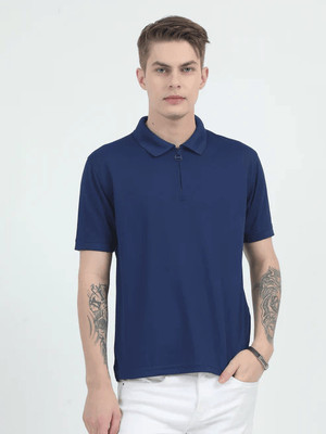 R S Fashion Solid Men Polo Neck Blue T-Shirt