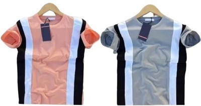 Striped Men Grey, Pink T-Shirt(Pack of 2)