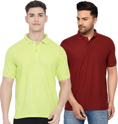ACENTEO Solid Men Polo Neck Maroon, Light Green T-Shirt