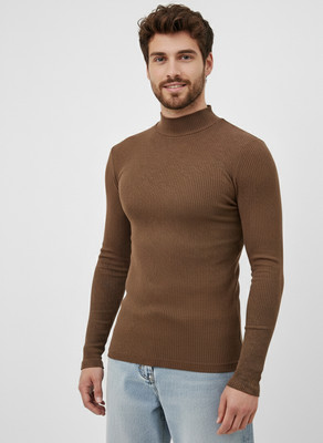 CLAfoutis Solid Men High Neck Brown T-Shirt