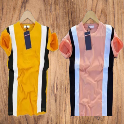 KASPY Colorblock Men Round Neck Yellow, Pink T-Shirt