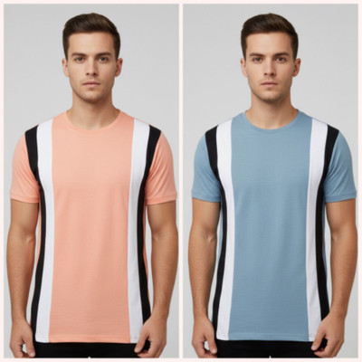 TEE TREE Colorblock Men Round Neck Pink, Light Blue T-Shirt