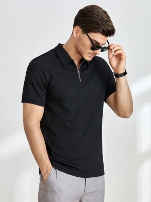 Fookre Solid Men Polo Neck Black T-Shirt