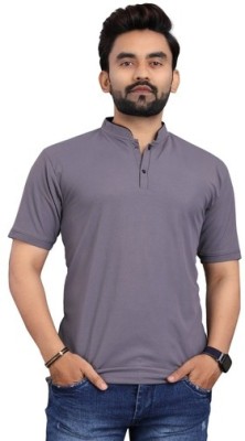 aenticfeshion Solid Men Mandarin Collar Grey T-Shirt