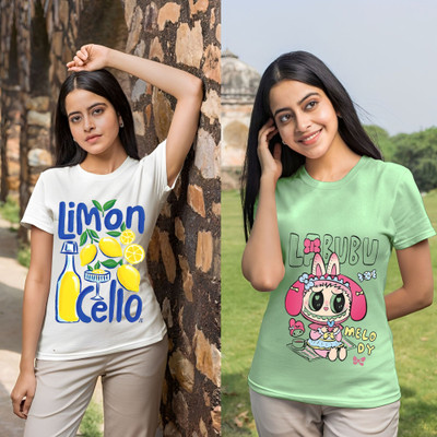 Lecowar Graphic Print Women Round Neck White, Green T-Shirt