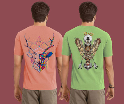 Kintu Parantu Printed Men Round Neck Pink, Green T-Shirt