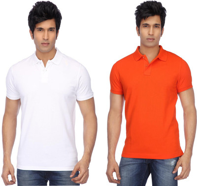 FUNKY GUYS Solid Men Polo Neck Orange, White T-Shirt