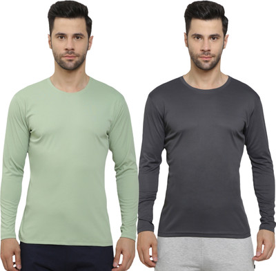 HouseOfCommon Solid Men Round Neck Light Green, Grey T-Shirt