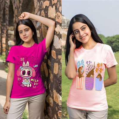 Lecowar Printed Women Round Neck Pink T-Shirt