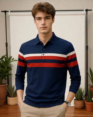 FASHIUM Solid Men Polo Neck Navy Blue T-Shirt