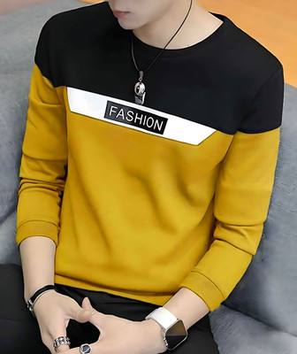Autna Colorblock Men Round Neck Yellow, Black T-Shirt