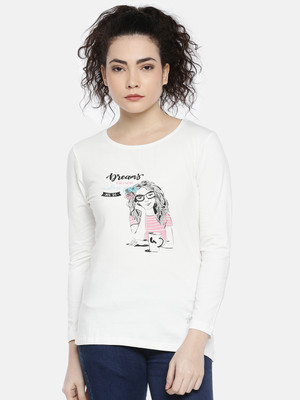 Dollar Missy Printed Women Round Neck White T-Shirt