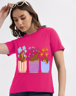 Lecowar Printed Women Round Neck Pink T-Shirt