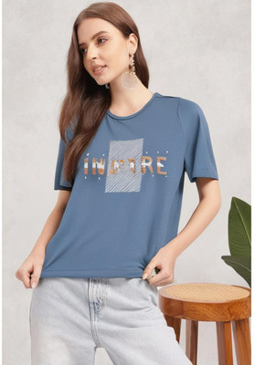 MACK JONNEY Printed Women Round Neck Dark Blue T-Shirt