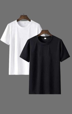 Solid Men White, Black T-Shirt(Pack of 2)